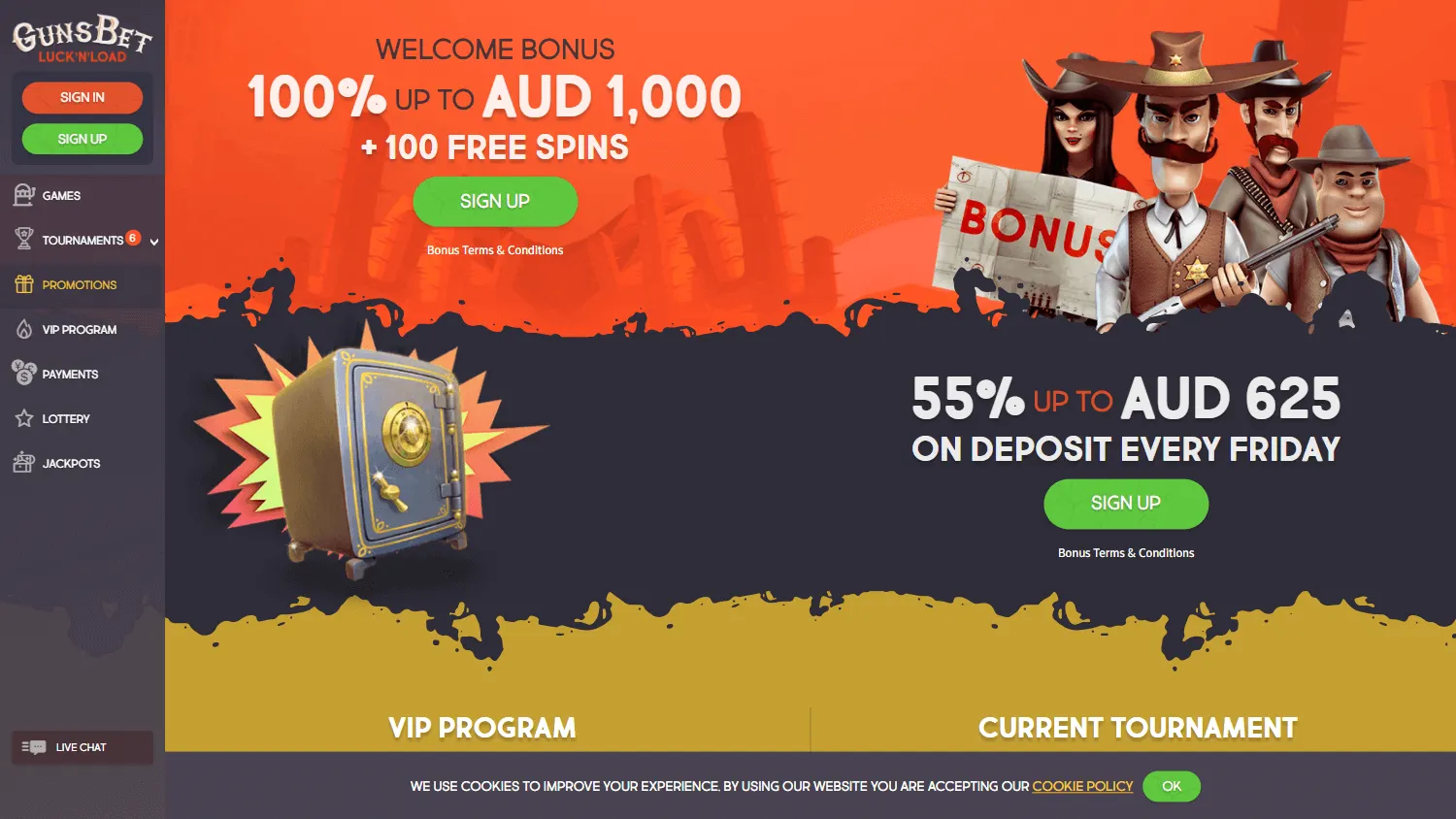 Gunsbet Casino desktop promotions area showing bonus offers