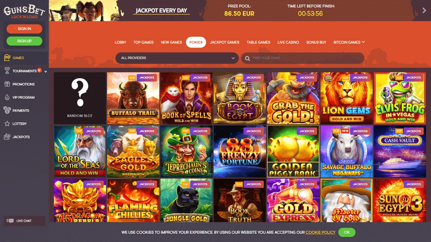 Gunsbet Casino desktop games lobby with casino categories and titles
