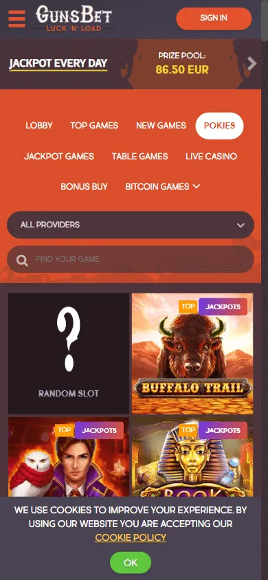 Gunsbet Casino mobile games lobby with casino categories