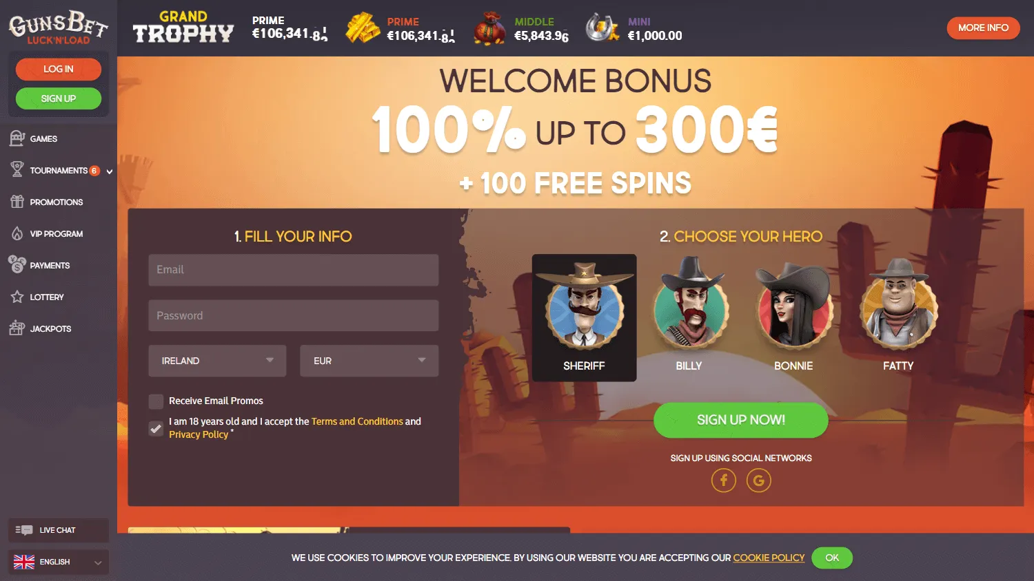 Gunsbet Casino desktop home screen with casino and sports betting options