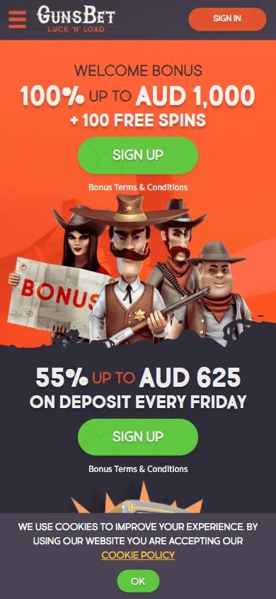 Gunsbet Casino mobile promotions area showing recurring offers