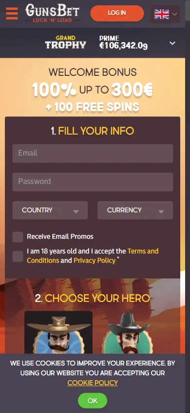 Gunsbet Casino mobile home screen on a smartphone